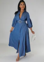 Women Fall Blue Long Sleeved Denim Shirt Dress