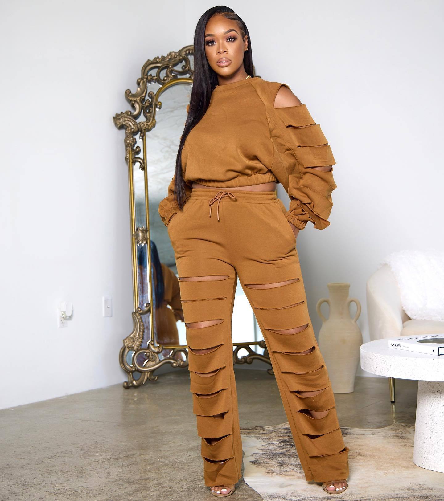Women Casual Ripped Long Sleeve Top+ Pants Two Piece Set - The Little  Connection