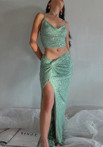 Women Fall Sequined Halter Tank Top And Split Skirt Two-Piece