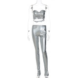 Women Autumn Pu Leather Tube And Pant Two-Piece