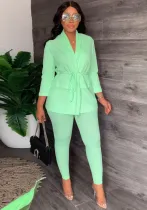 Women Casual Lace-Up Blazer + Pant Two Piece Set