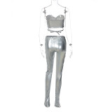 Women Autumn Pu Leather Tube And Pant Two-Piece