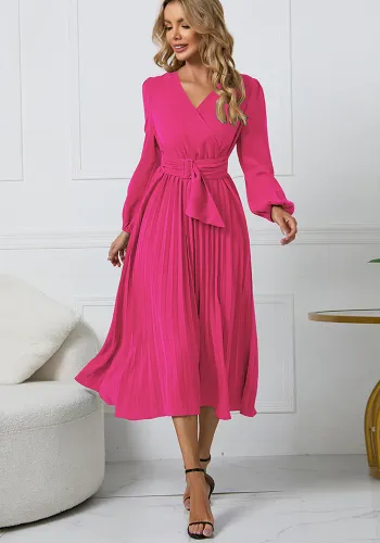 Women Long-Sleeved Pleated Belt V-Neck Dress