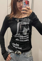 Camiseta básica de manga larga con cuello redondo y estampado de letras para mujer