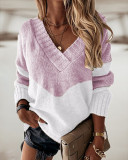 Fall Knitting Shirt V-Neck Patchwork Contrast Color Long Sleeve Knitting Women's Top