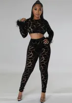 Long-sleeved short top with slim pencil pants fashion two-piece