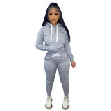 Women's Fashion Autumn and Winter 2-piece Solid Color Hooded Set with Fleece Drawstring (with Pockets)