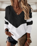 Fall Knitting Shirt V-Neck Patchwork Contrast Color Long Sleeve Knitting Women's Top