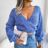 Autumn/Winter Multi-Color Crossover V-Neck Balloon Sleeve Crop Sweater
