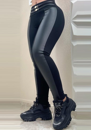 Zwarte pu patchwork taille vetersluiting nauwsluitende broek voor dames