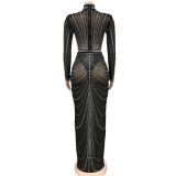 Women's Fashion Mesh Beaded See-Through Long Sleeve Long Dress Two Piece