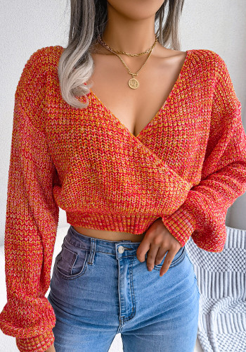 Automne/Hiver Multi-Color Crossover V-Neck Balloon Sleeve Crop Sweater