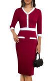 Vestido profesional ajustado de patchwork con escote en V y cintura media con bloqueo de color de boutique retro para mujer