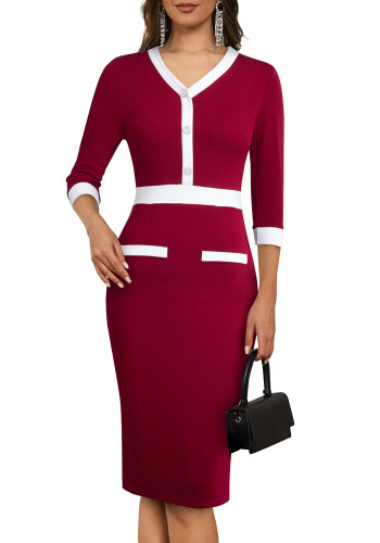 Retro dames boutique colour-blocking mid-taille v-hals Patchwork Bodycon professionele jurk