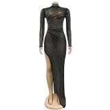 Fashion Women's Solid Color Mesh Beaded Long Sleeve Maxi Dress