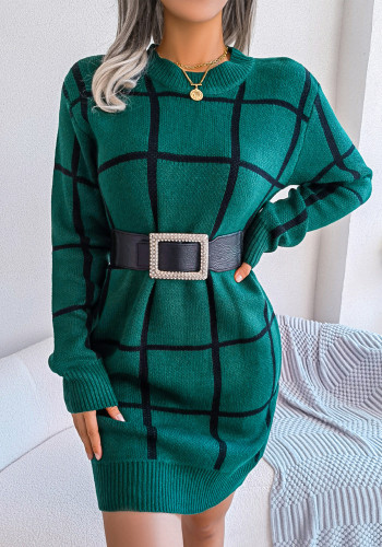 Осенне-зимнее повседневное базовое платье-свитер в контрастную клетку с длинными рукавами