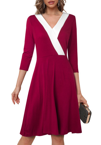 Средняя талия V-образным вырезом Color Block Zip Chic Career Модное женское комфортное повседневное платье