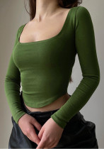 Lässiges Oberteil für Damen im Herbst, tiefes, sexy Langarm-T-Shirt mit rundem Saum und U-Ausschnitt