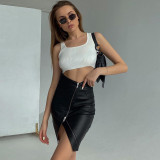 Skirt Fall Double Zipper Leather Bodycon Slim Fit Feature Chic Skirt