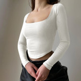 Casual Top Women's Fall Plunging Sexy Long Sleeve Round Hem U Neck T-Shirt