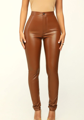 Trend Tight Fitting Pu Leather trousers Style all-match high waist pencil pants