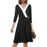 Mid Waist V Neck Color Block Zip Chic Career Fashionable Women Comfort Casual Dress