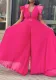 Belted Plus Size Women'smesh See-Through Sexy Pleated Wide Leg Slim Waist Jumpsuit