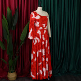 Women's Fall Slash Shoulder Long Sleeve Print Plump Maxi Dress Dress