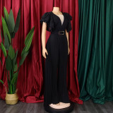 Belted Plus Size Women'smesh See-Through Sexy Pleated Wide Leg Slim Waist Jumpsuit