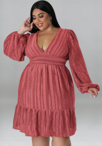 Plus Size Women'S Solid Jacquard V-Neck Long Sleeve Casual Dress