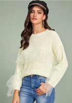 Fall Winter Ladies Casual Knitting Sweater Fashion Mesh Ruffle Patchwork Blouse Sweater