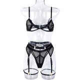 Sexy driedelige mesh patchwork sexy bikini lingerie uitsparing met taille been ringen