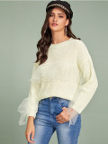 Fall Winter Ladies Casual Knitting Sweater Fashion Mesh Ruffle Patchwork Blouse Sweater