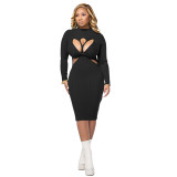 Women'S Solid Round Neck Cutout Long Sleeve Ribbed Dress