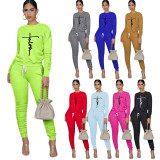 Women'S Print Solid Color Long Sleeve Round Neck Top And Ruched Pants Set Two-Piece Set