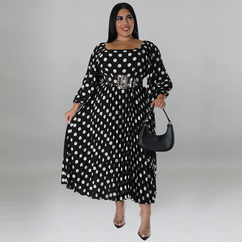 Plus Size Women'S Polka Dot Print Long Sleeve Pleated Dress With Belt - The  Little Connection