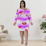 Plus Size Women'S Print Cutout Long Sleeve Bodycon Dress