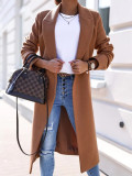 Women Autumn/Winter Simple Long Sleeve Turndown Collar Button Solid Long Coat