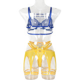 Sexy Lingerie Fashion Color Blue And Yellow Stretch Mesh Contrast Color Three-Piece Set