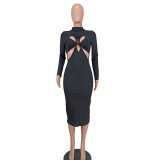 Women'S Solid Round Neck Cutout Long Sleeve Ribbed Dress