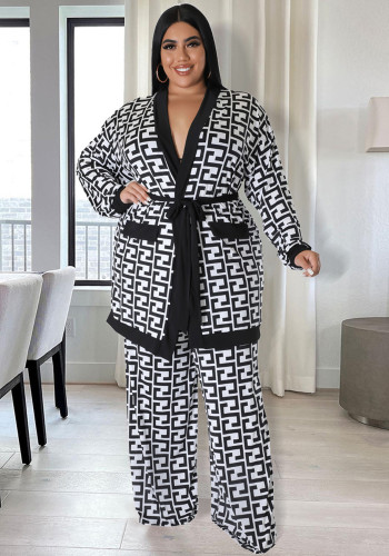 Plus size dames herfst/winter loungewear riem set patroon print tweedelige broek set