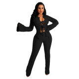 Women'S Solid Color Long Sleeve Wrinkle Sexy Fashion Two Piece Pants Set