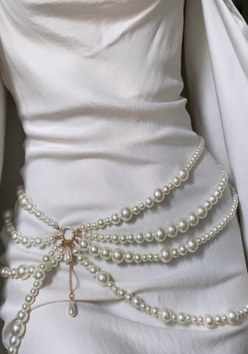 Waist Chain Pearls Connected With Multi-Layer Tassel Side Swing Chain Belt