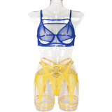 Sexy Lingerie Fashion Color Blue And Yellow Stretch Mesh Contrast Color Three-Piece Set