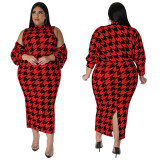 Plus Size Women'S Fashion Chic Sexy Houndstooth Print Dress Two Piece Set