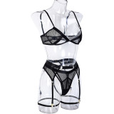 Sexy driedelige mesh patchwork sexy bikini lingerie uitsparing met taille been ringen