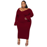 Fashion Sexy Plus Size Women'S Solid Chic V-Neck Fall Bell Bottom Long Sleeves