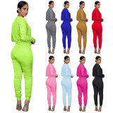 Women'S Print Solid Color Long Sleeve Round Neck Top And Ruched Pants Set Two-Piece Set