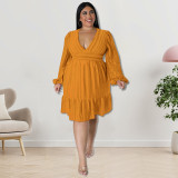Plus Size Women'S Solid Jacquard V-Neck Long Sleeve Casual Dress