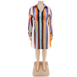 Plus Size Women'S Striped Print Turndown Collar Long Sleeve Shirt Dress